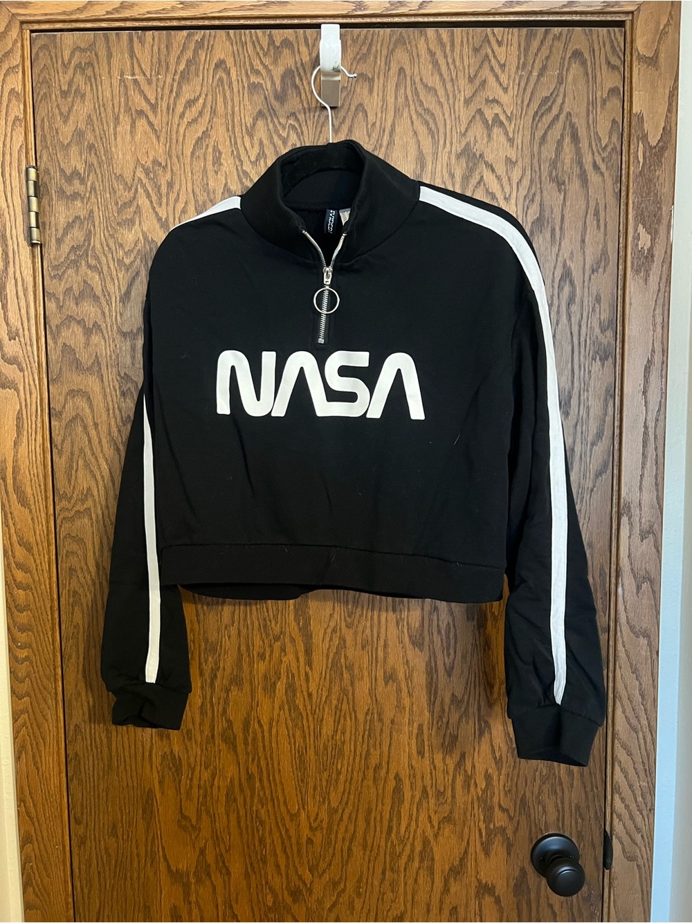 Women's Black Cropped Quarter-Zip NASA Sweater with White Stripes